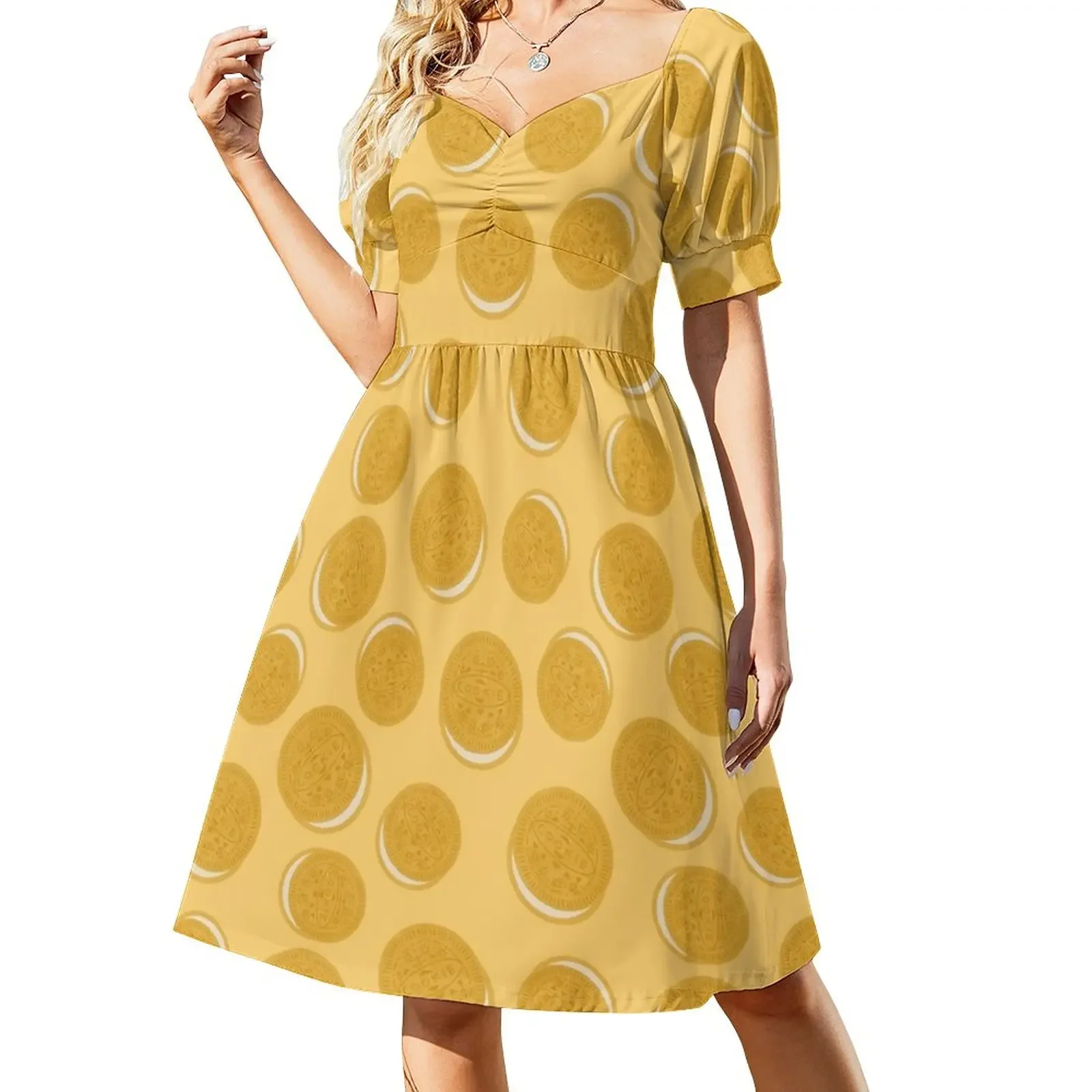 Golden Cookie Doodle Pattern Short-Sleeved Dress Long dress loose women's dress