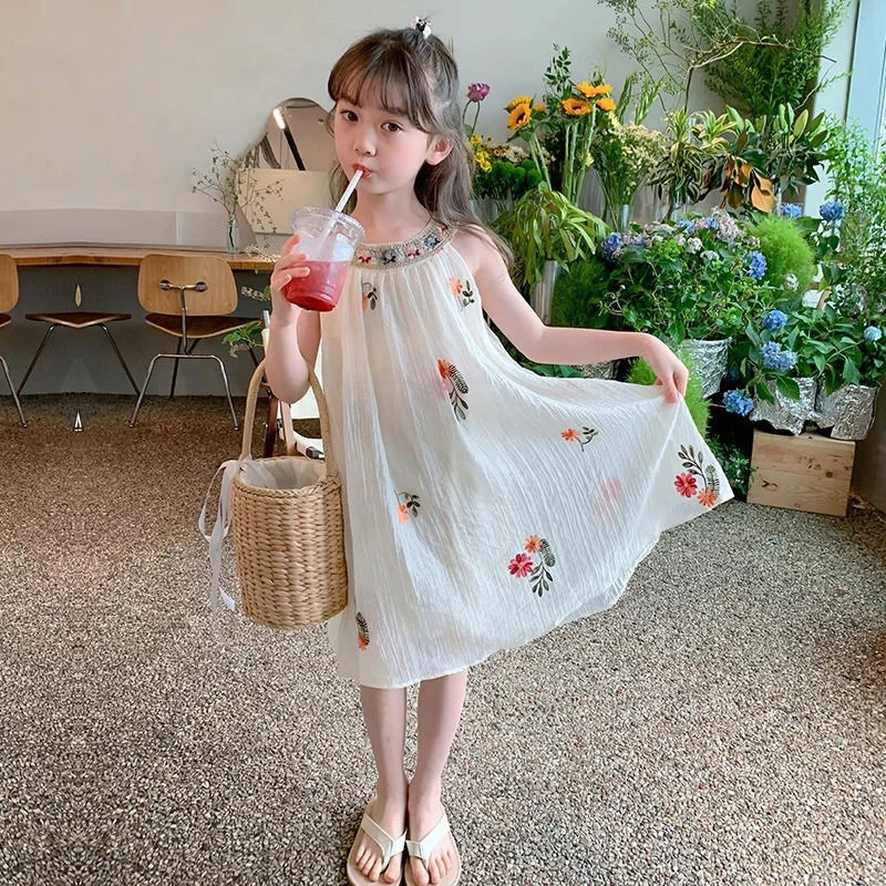 2024 Girls Casual Embroidered Floral Dress Fashion Clothes Princess Dress Kids Dresses for Girls Children Toddler Outwear 2-7Y