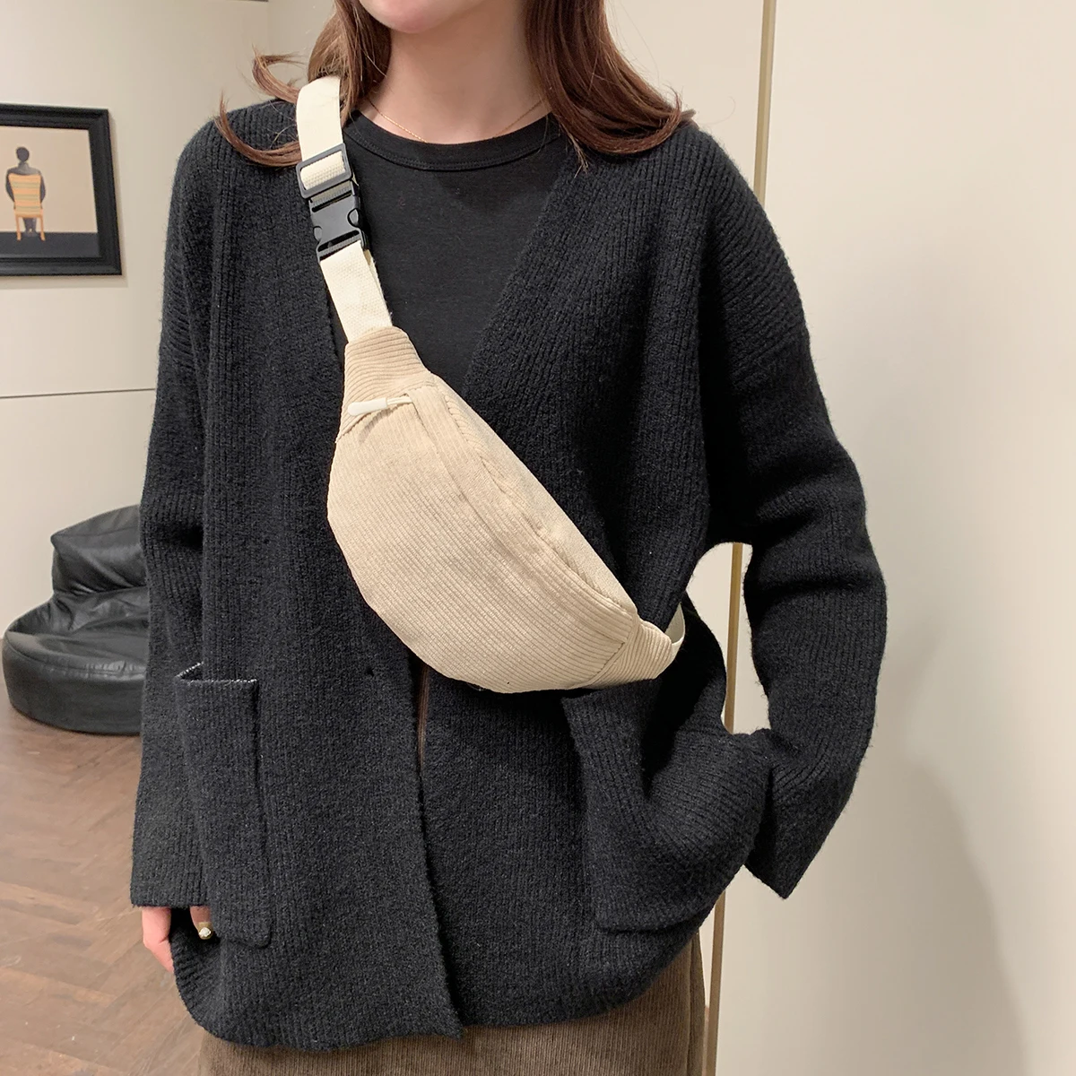 Casual Corduroy Belt Bags for Women Fashion Fanny Pack Female Banana Waist Bag Hip Purse Shoulder Crossbody Chest Bag Pocket