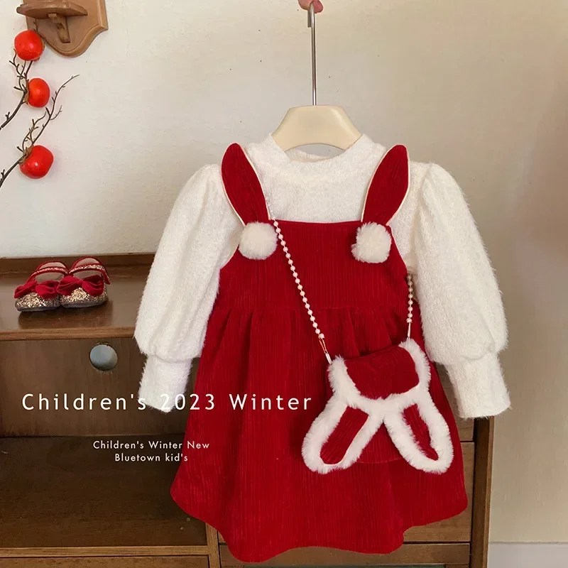 Girls Princess Red Dress Autumn Winter Christmas Children Suit Thickened Velvet Lined Dresses Baby 2 Piece Set Shirt + Sundress