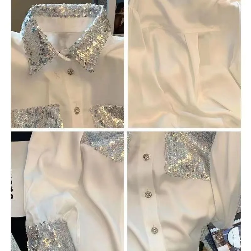 Women's Polo Collar Patchwork Sequined Solid Color Shirt Spring Autumn Fashion Long Sleeved Shimmery Button Pocket Cardigan Tops