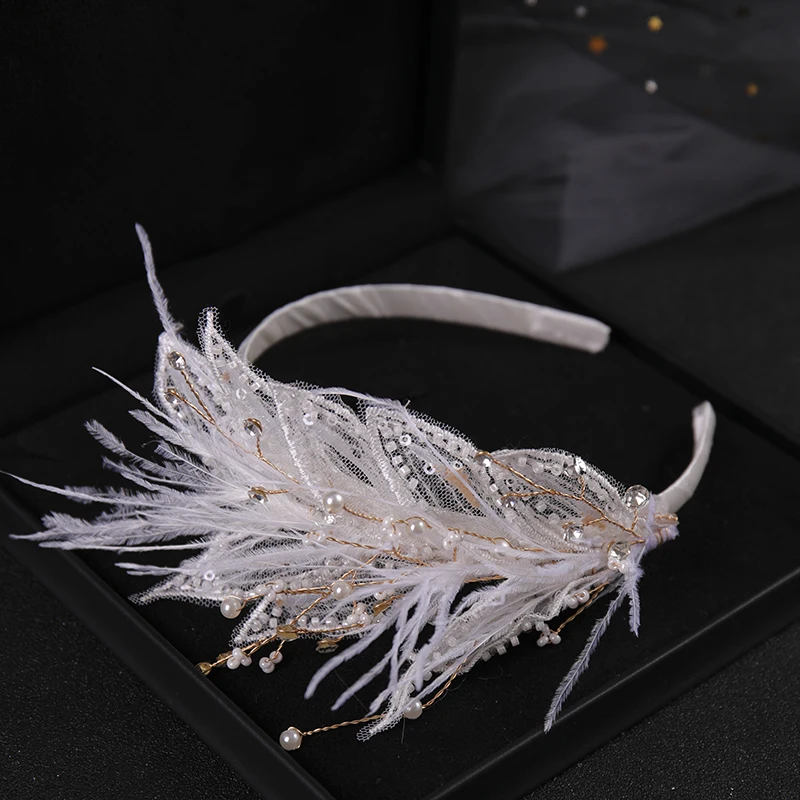 Bridal Wedding Hair ornaments wedding headdress popular pearl feather hair hoop women\'s Crystal Crown dress accessories