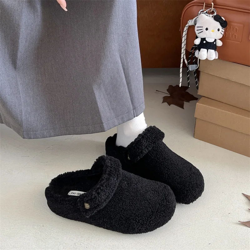 

Lamb Fur Slippers Women's Outdoor Wear Winter New Fleece Flat Bottom Mary Jane Cotton Shoes Round Toe Low Heel Slip-On