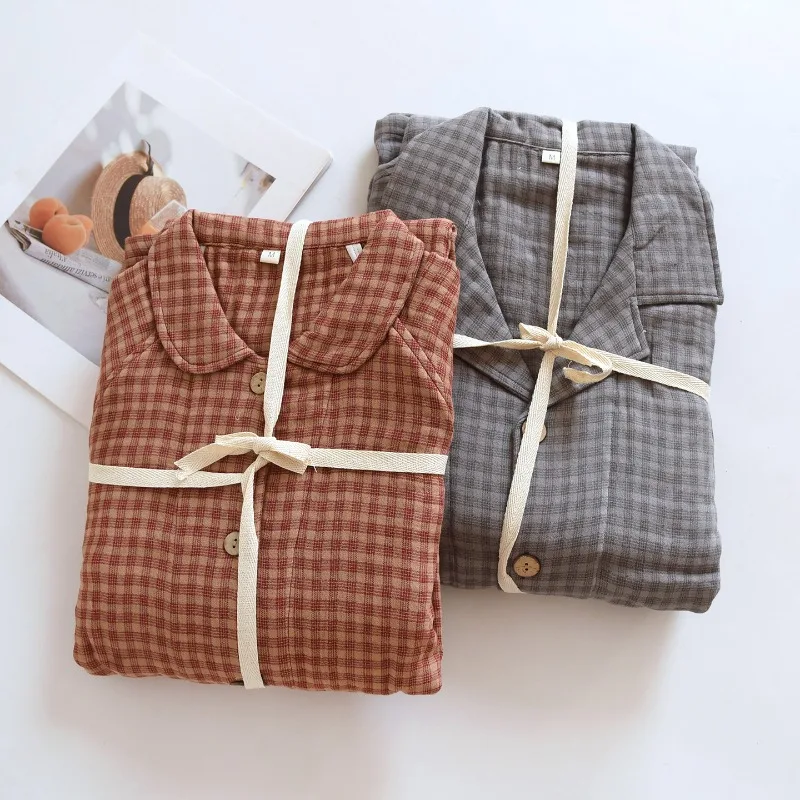 Четырехслойный хлопково-марлевый пижамный комплект для пары, мягкая дышащая домашняя одежда унисекс в клетку в клетку в стиле ретро с длинными рукавами