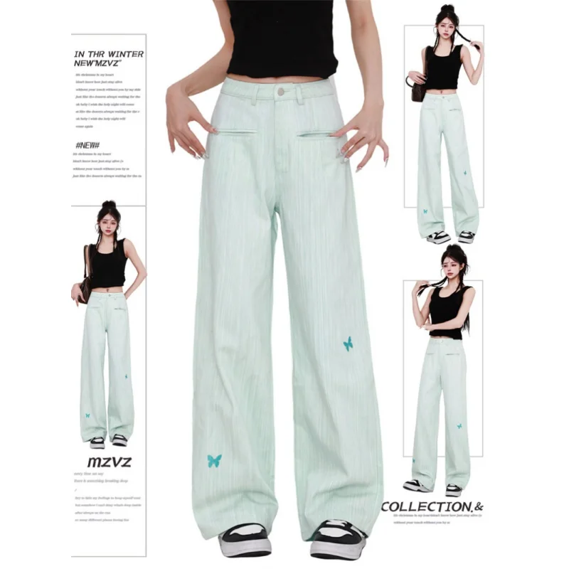 

Зеленые брюки-карго с вышивкой Y2K, женская уличная одежда, широкие брюки с высокой талией, винтажные Женские однотонные прямые брюки, осень 2024