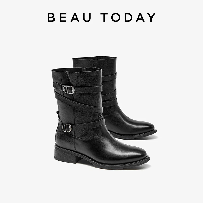 

BEAUTODAY Western Boots Women Cow Leather Solid Color Round Toe Double Buckle Strap Mid-Calf Boots Ladies Shoes Handmade 02274