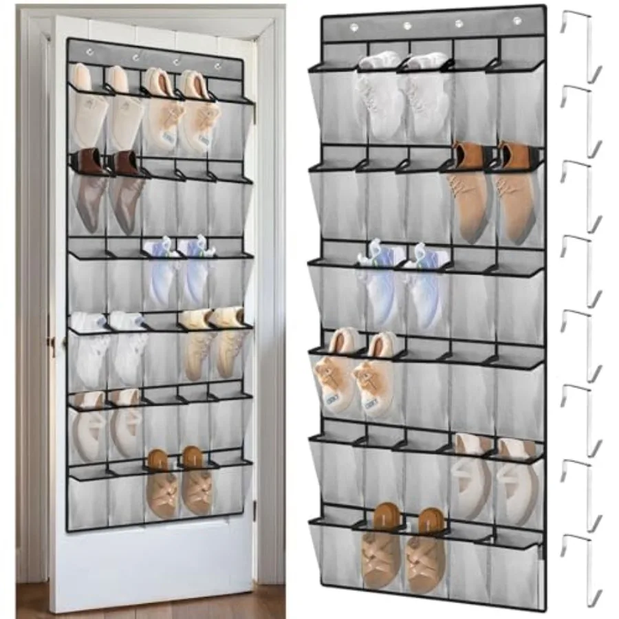 

2Pack Over Door Shoe Rack 30 Compartment Breathable Mesh Hanging Organizer for Closet Gray