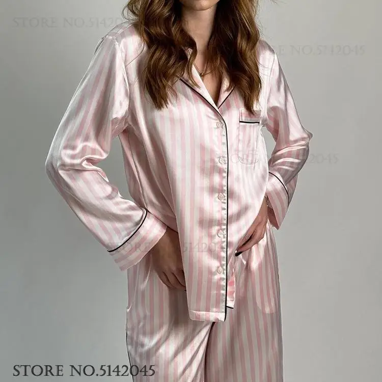 Pink Stripe Long Sleeve Pajamas Trouser Suits Fashion Female Lounge Wear Pijamas Set Spring Autumn Satin Sleepwer Home Clothes
