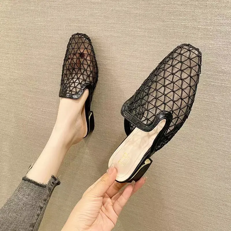 Women Woven Mesh Baotou Low Heel Slippers Summer New Soft sole Big Size Outdoor Slippers Sandals Fashionable Half Slippers
