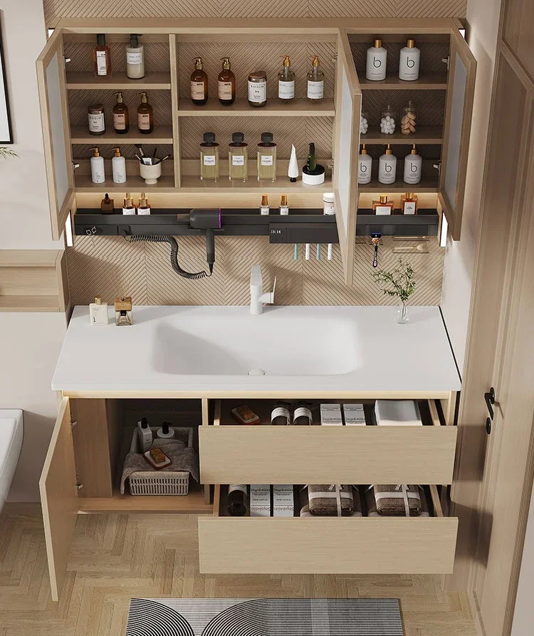 

#Customized combination of intelligent mirrors for rock plate hot bending integrated basin, enlarged basin, natural wood color