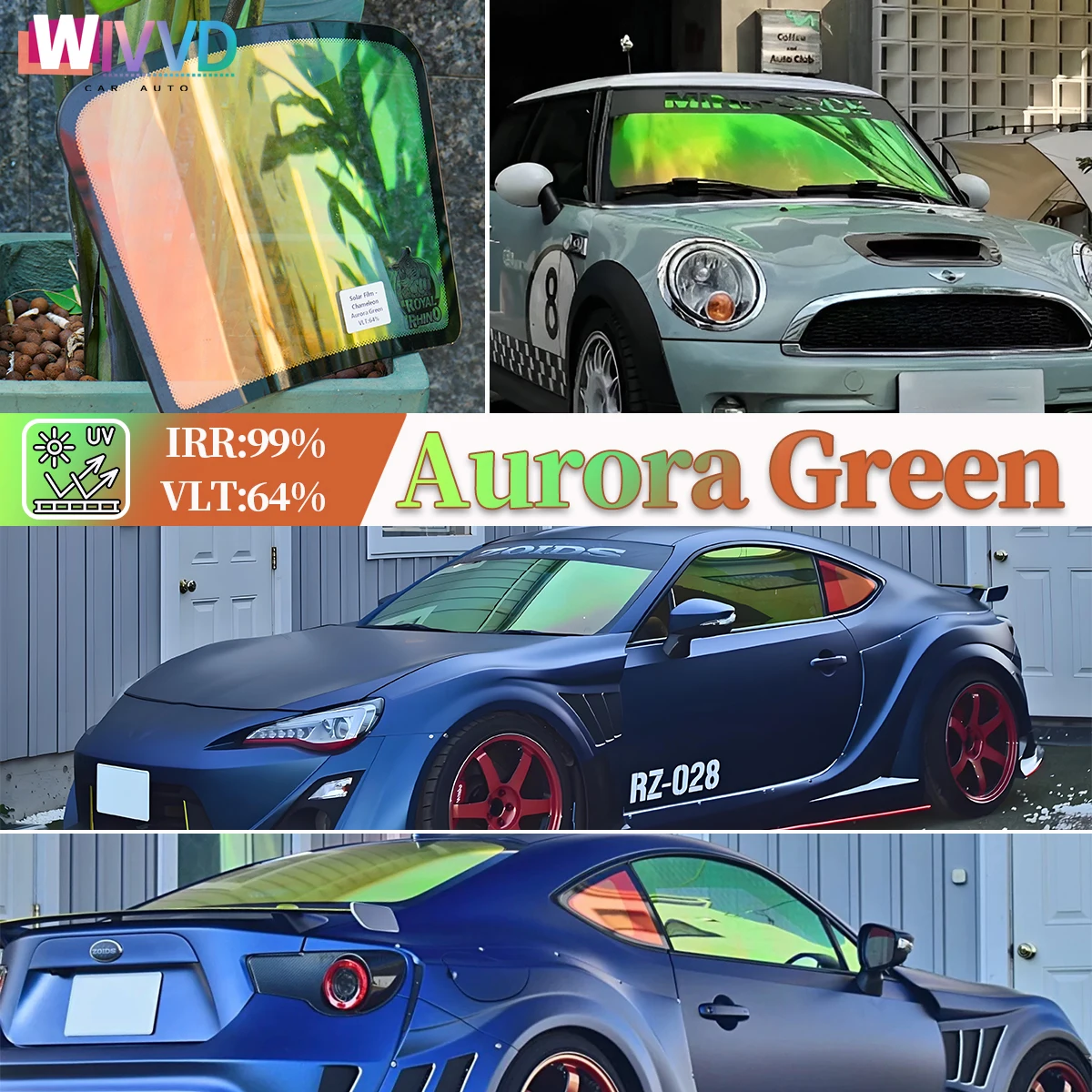 Car Front Rear Window Tint Film Aurora Green Chameleon Film 64%VLT Windshield Protection Solar Film Anti UV Heat Insulation