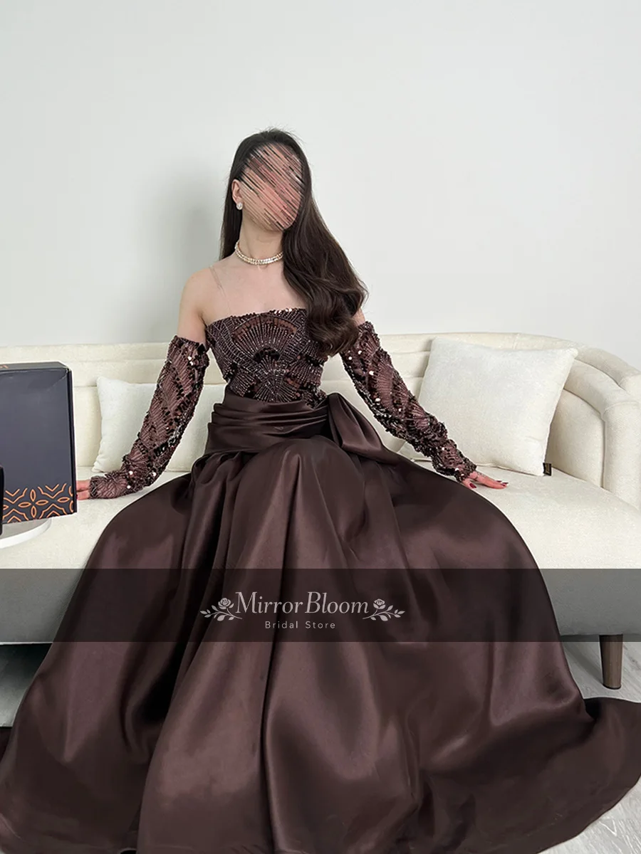 

Elegant Chocolate Brown Strapless Formal Evening Gowns Women Beaded Detachable Sleeve Satin A Line Luxury Evening Dresses Custom