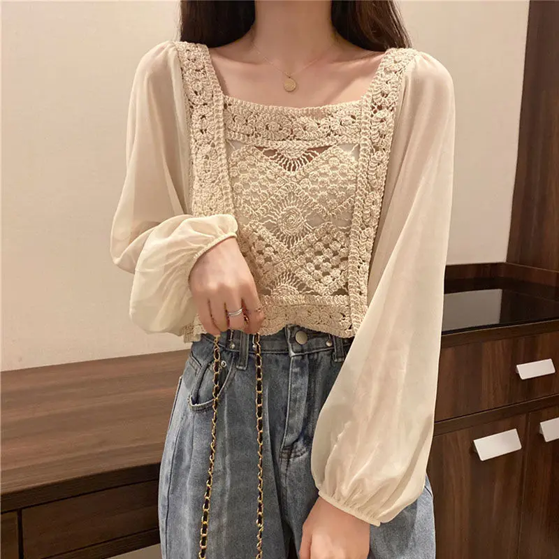 2024 Summer Long Sleeve Vintage National Trend Female Clothes Hollow Out Lace Patchwork Chiffon Shirts Woman Blouses Wholesale