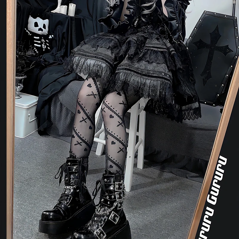 Japanese sweet cool girl pantyhose jk black socks women's spring summer love striped printed stockings black silk lolita