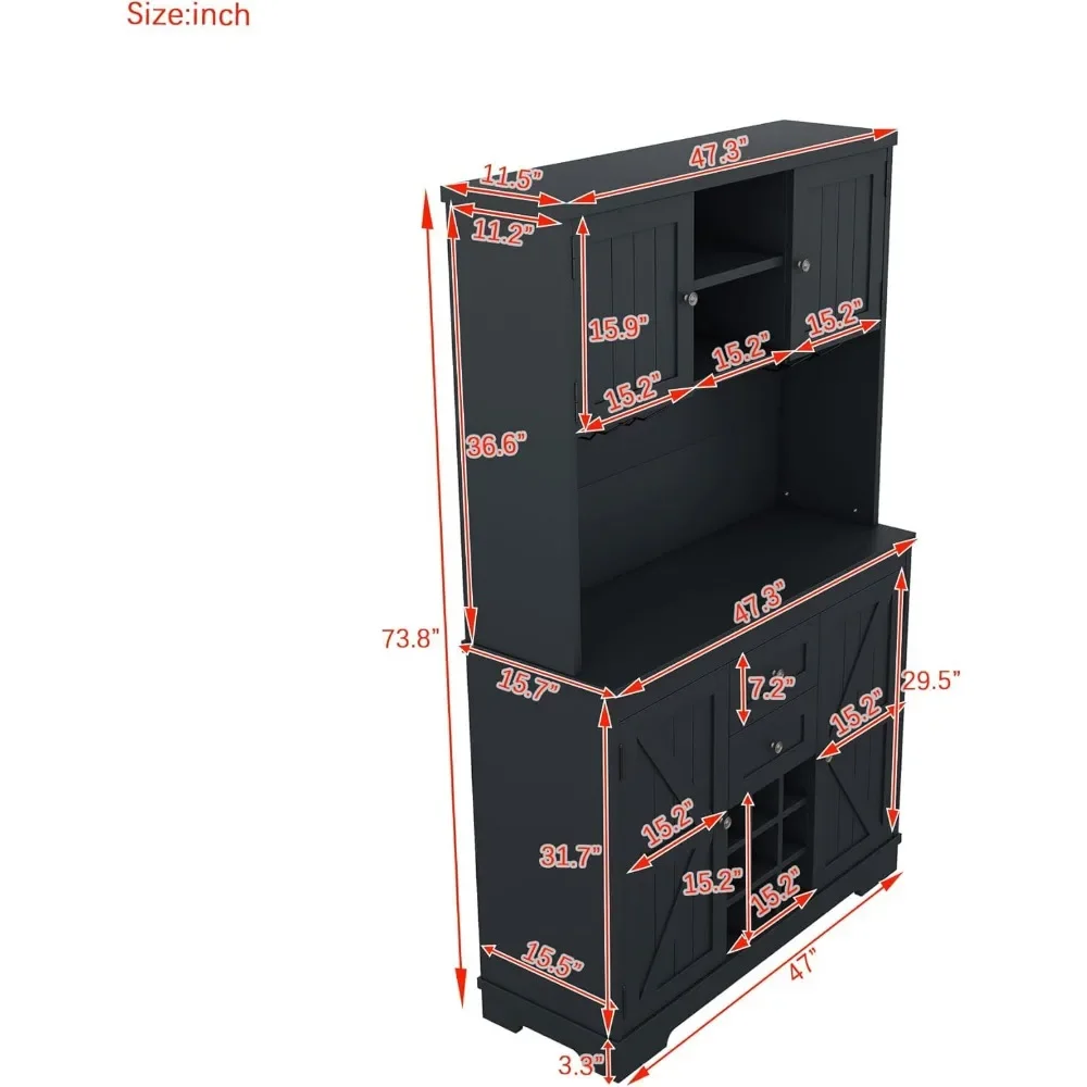 農家のサイドボードビュッフェキャビネット、ワインボトルラック、コーヒーバーキャビネット、2つの引き出し、10の収納棚、73.8インチ