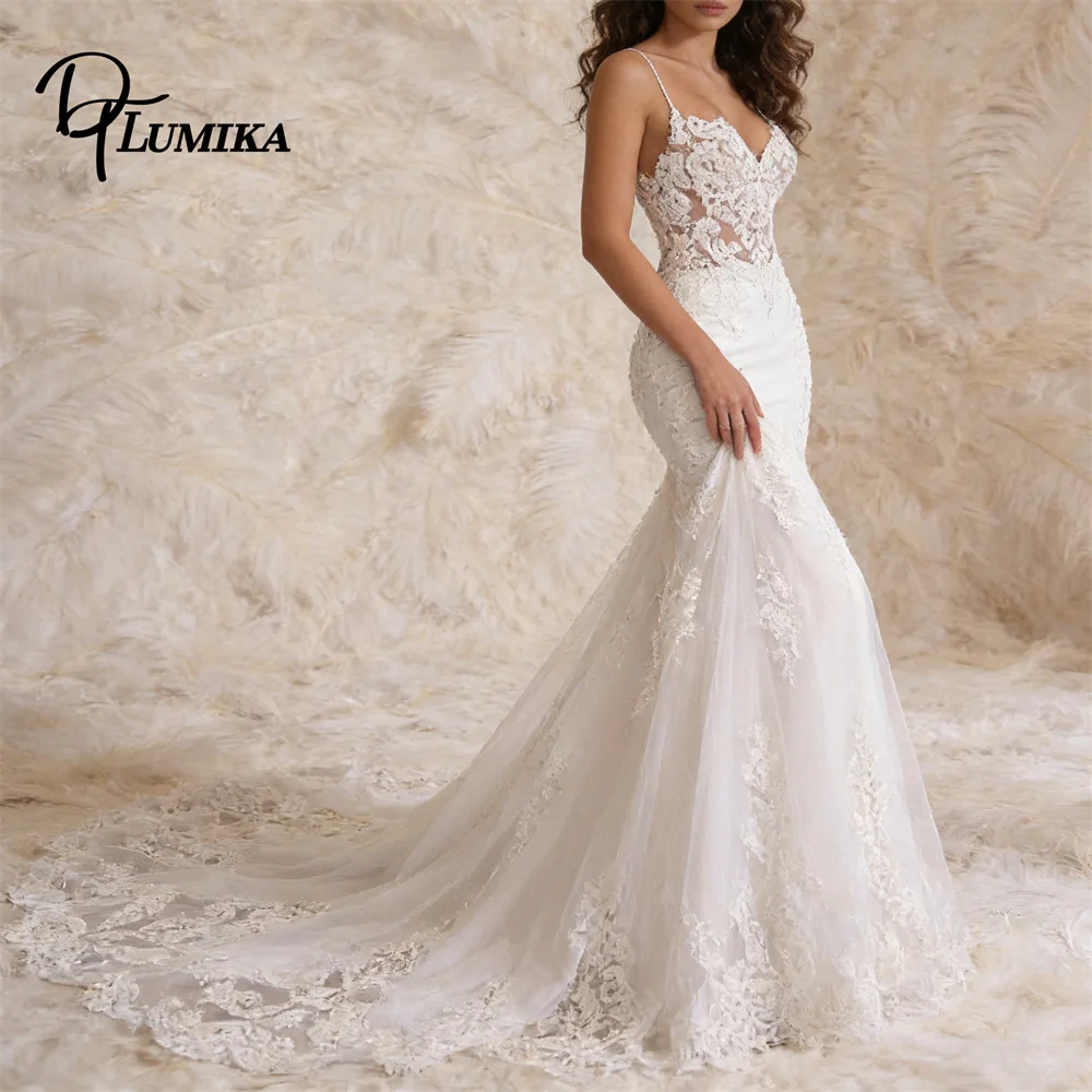 

Classic Mermaid Lace Wedding Dress for Bride 2026, Spaghetti Straps Ivory Bridal Gown , Customized Romantic Bridal Gown Court