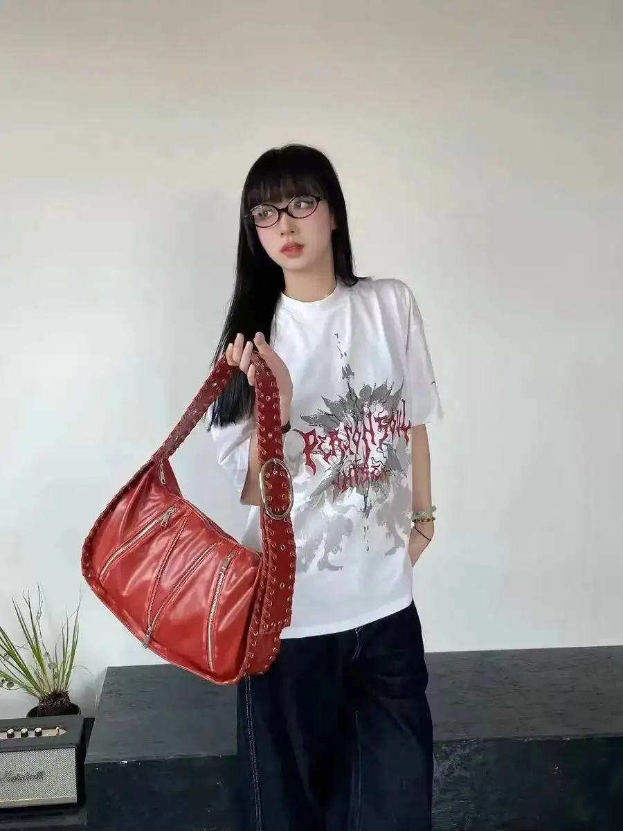 

Bloom Hot Girls Red Tote Bag Purse Women High Street Large Capacity Pu Leather Casual Y2k Handbag Ladies Retro Shoulder Bags