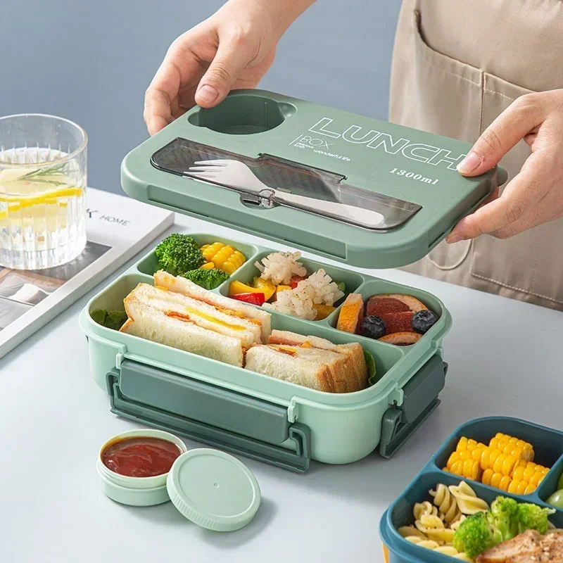 1300ML Lunch Box Portable Kids Students Office Bento Box With Fork and Spoon Microwave Compartment Food Storage Container