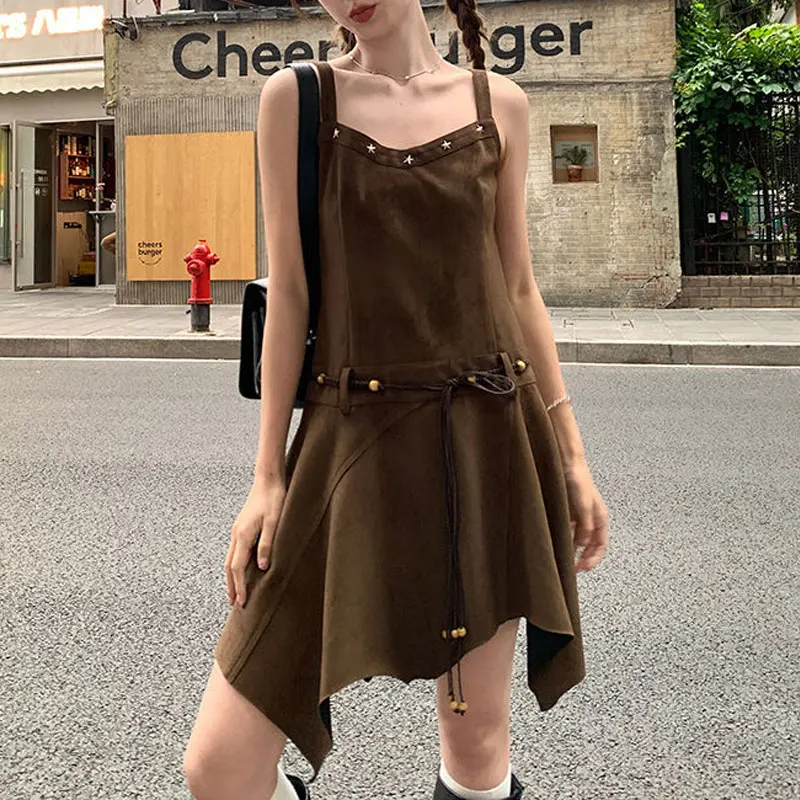 

American Retro Irregular Slip Mini Dress Female Clothing Hotsweet V-Neck Waist Basic Summer Fashion Rivet Asymmetrical Dresses