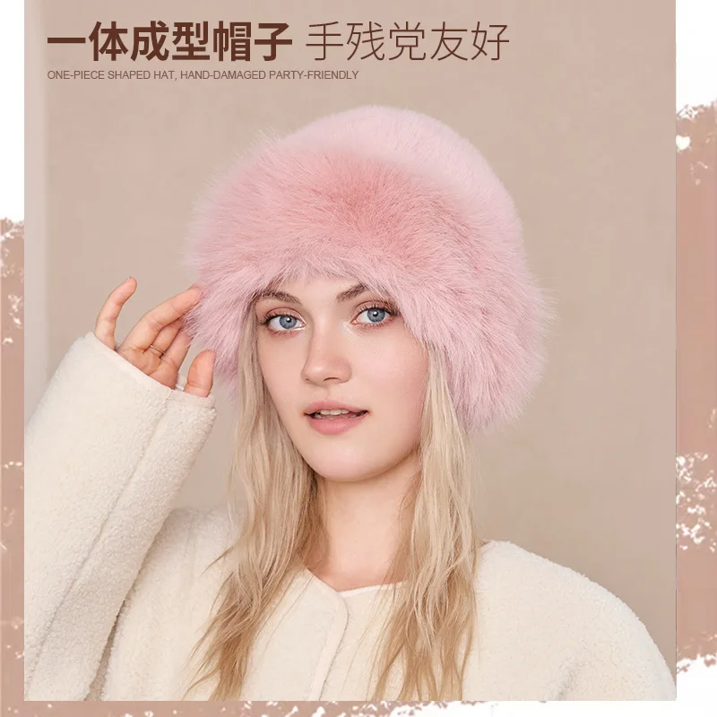 

Hat Women's Autumn New Wool Winter Big Head Hat Imitation Fox Bucket Hat Thick Warm Earflaps Mongolian Cap