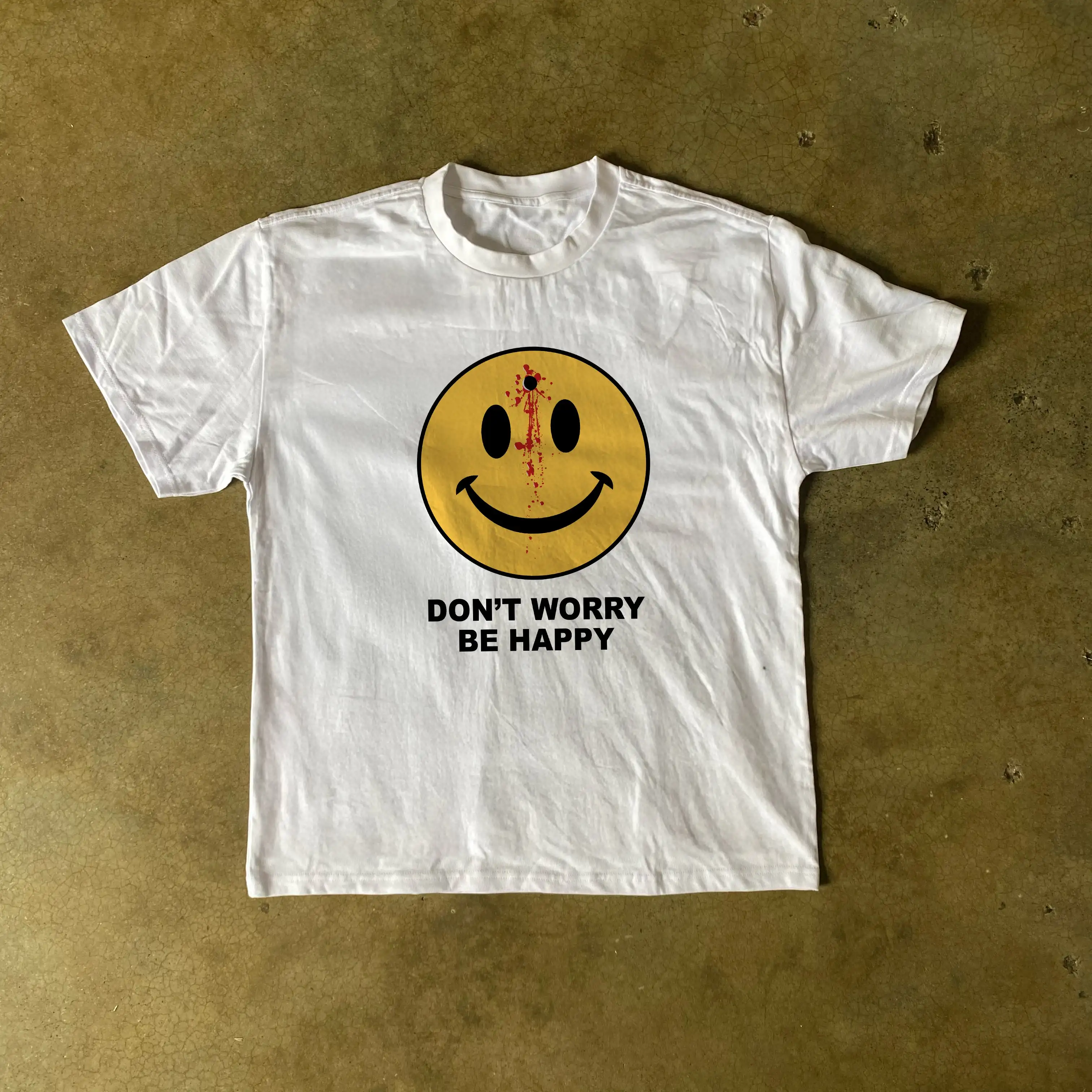 Vintage Style Don't Worry Be Happy Watch Bloody Men Graphic T-Shirt Cotton Men Women Streetwear Tee