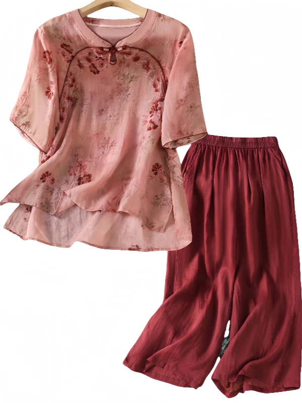 Letni zestaw damski 2025: luźny krój, bawełna i len, haftowany top i spodnie, modny komplet dwuczęściowy, odzież plus size.