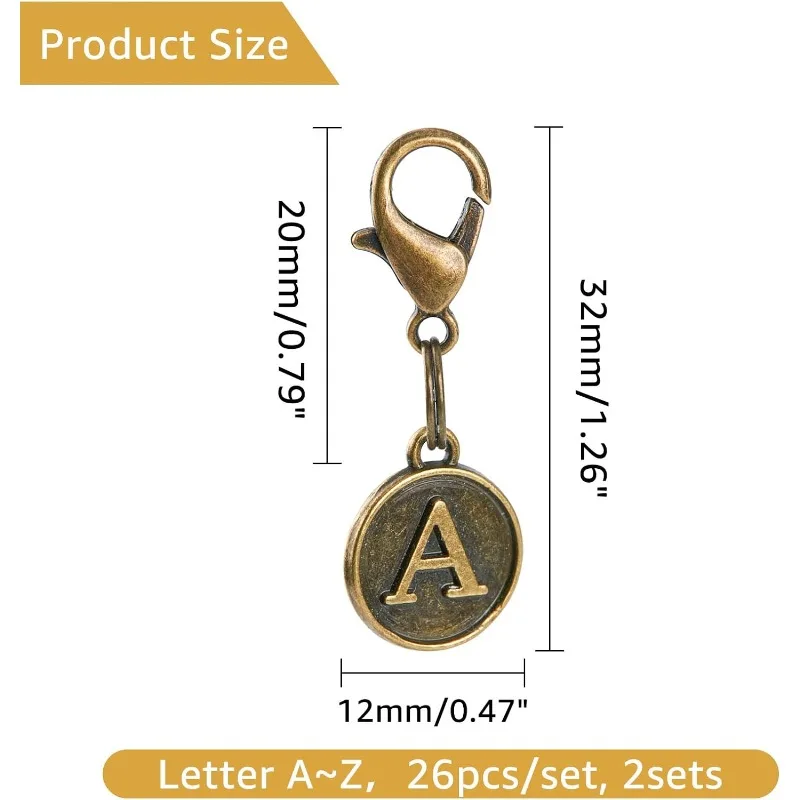 52pcs Clip On Charms 26 Letter Zipper Pulls Initials Tibetan Style Alloy Alphabet Pendant Decorations 32mm Antique Bronze Initia