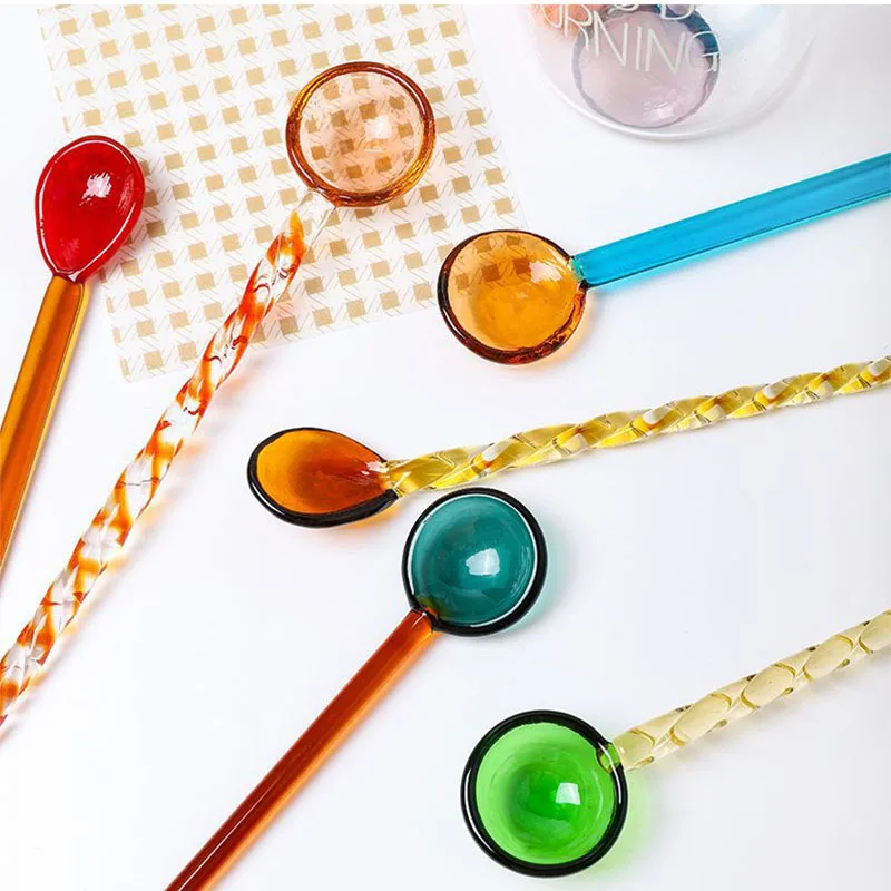 1PC Glass Milk Spoon Colored Transparent Coffee Dessert Stirring Spoons Long Spiral Handle High Temperature Resistant Kitchen