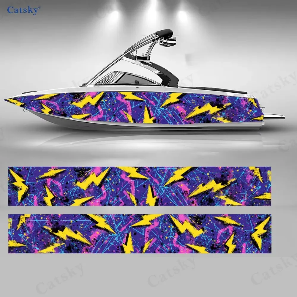 2Pcs Purple Yellow Lightning Graffiti Boat Sticker, PVC Waterproof Vinyl Wrap Decals for Fishing Boat, Durable Stylish Design