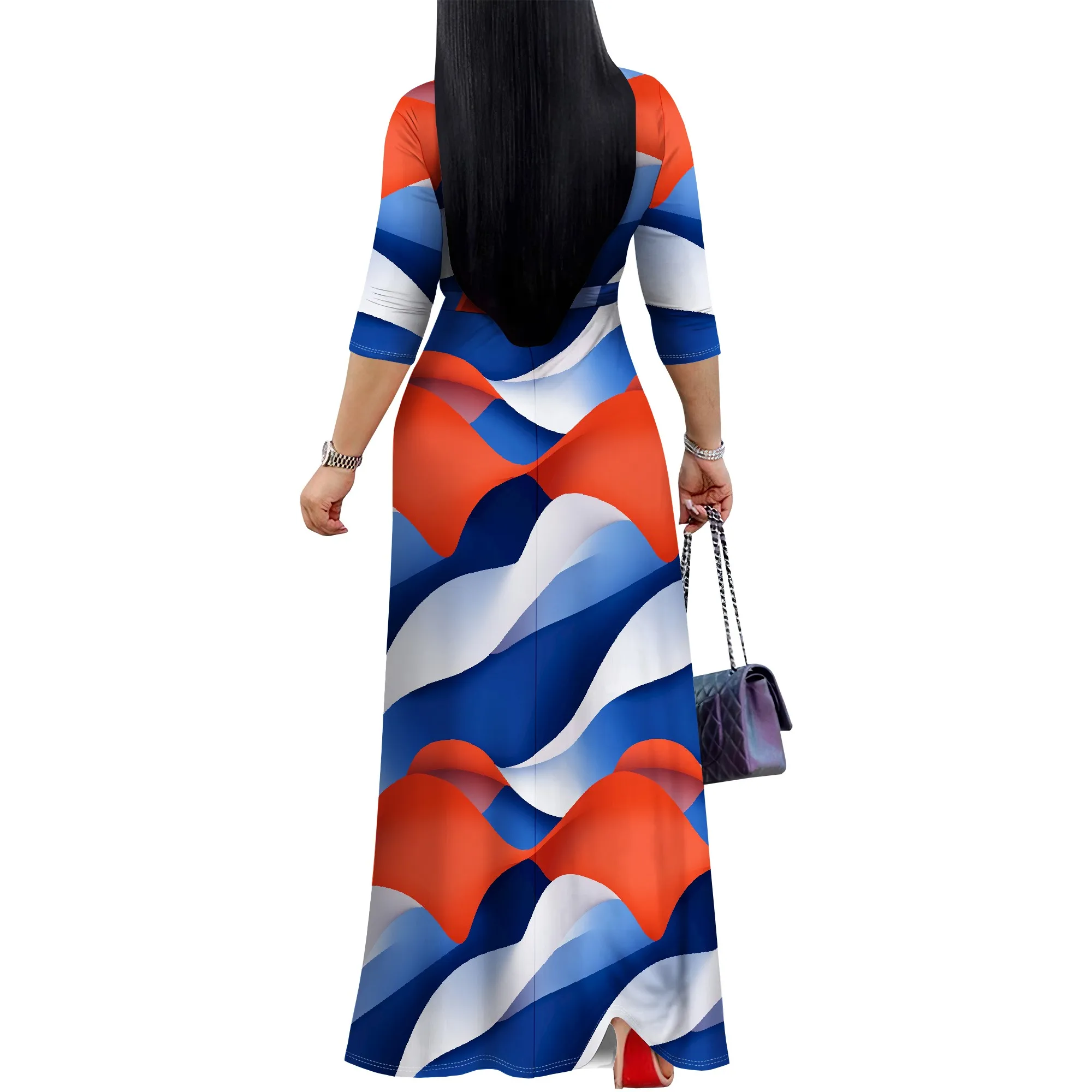 Bold Wavy Pattern Dress Women's Long Sleeve V-Neck Wrap Dress S-3XL Beach & Vacation Wear 2025