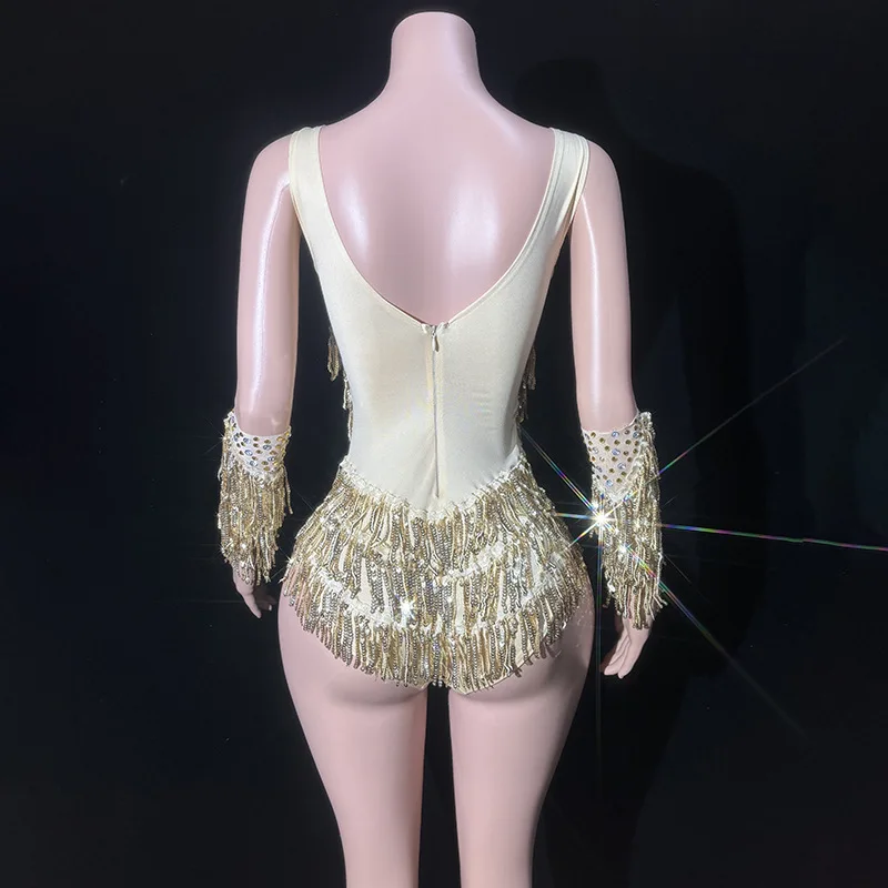 Body dorado con flecos y diamantes de imitación brillantes para mujer, traje de baile de club nocturno, borlas brillantes, ropa de escenario de una pieza, Mangas de vestido de cantante