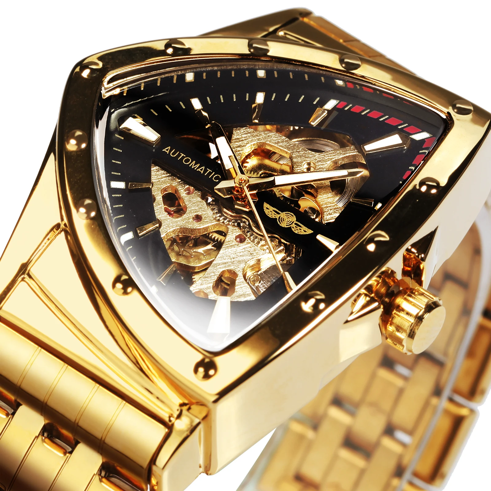 WINNER Military Triangle Skeleton Automatic Watch for Men Gold Sports Mechanical Watches Luxury Stainless Steel Strap Luminous