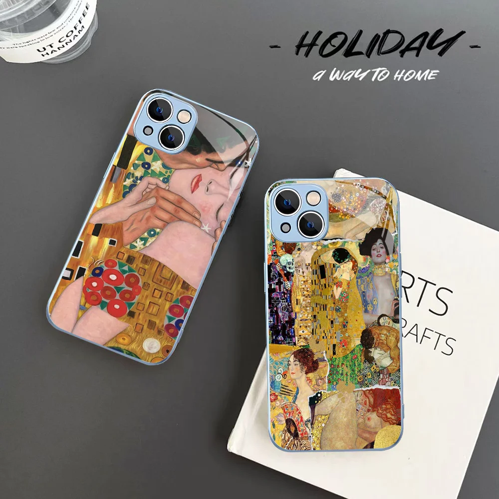 The Kiss Gustav Klimt Painting Phone Case Tempered Glass For iphone 14 13 12 11 Pro Mini XS MAX 14Plus X XS XR Fundas