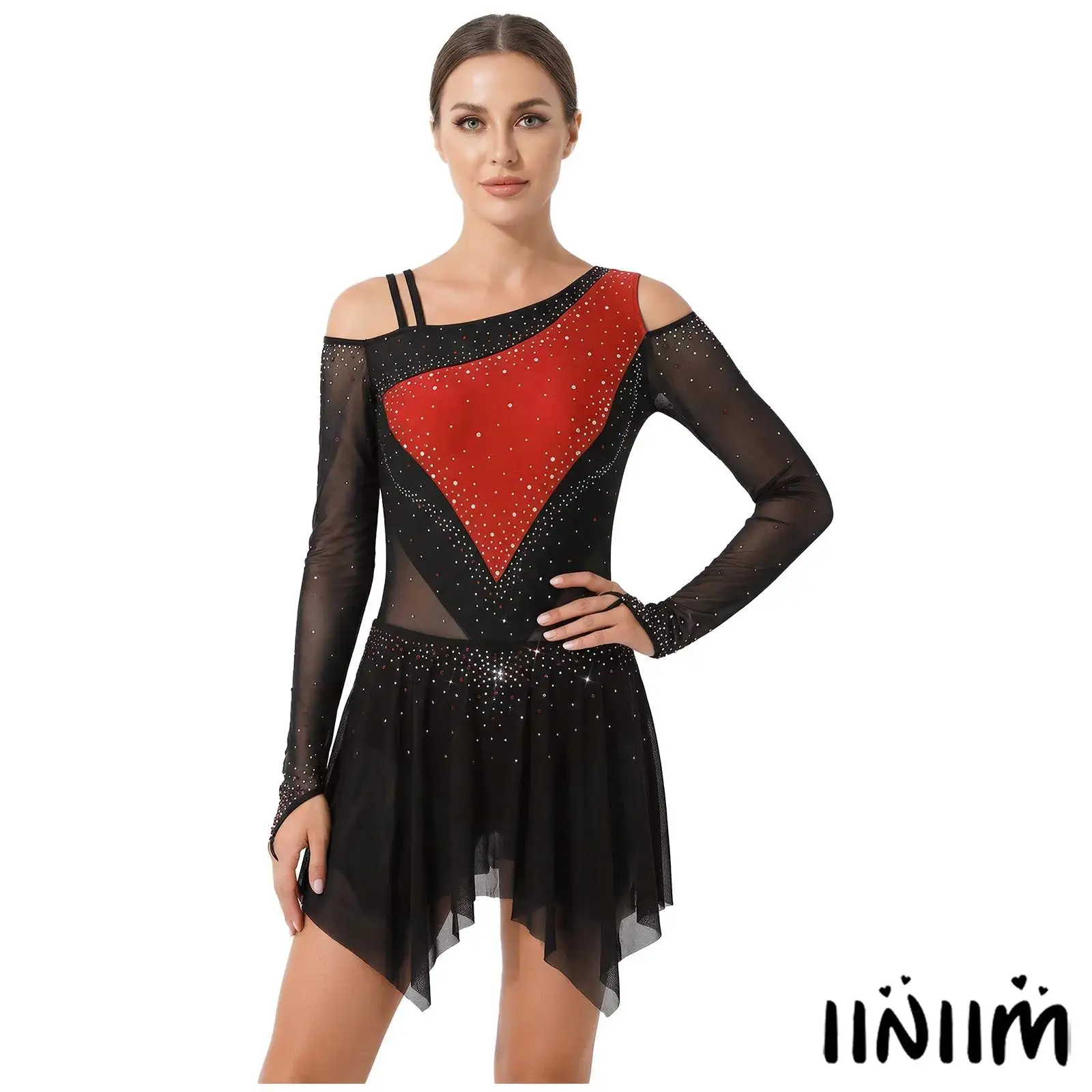 女性フィギュアスケートダンスドレス非対称ショルダー長袖不規則なティアードメッシュ裾レオタードドレス叙情的なダンスウェア