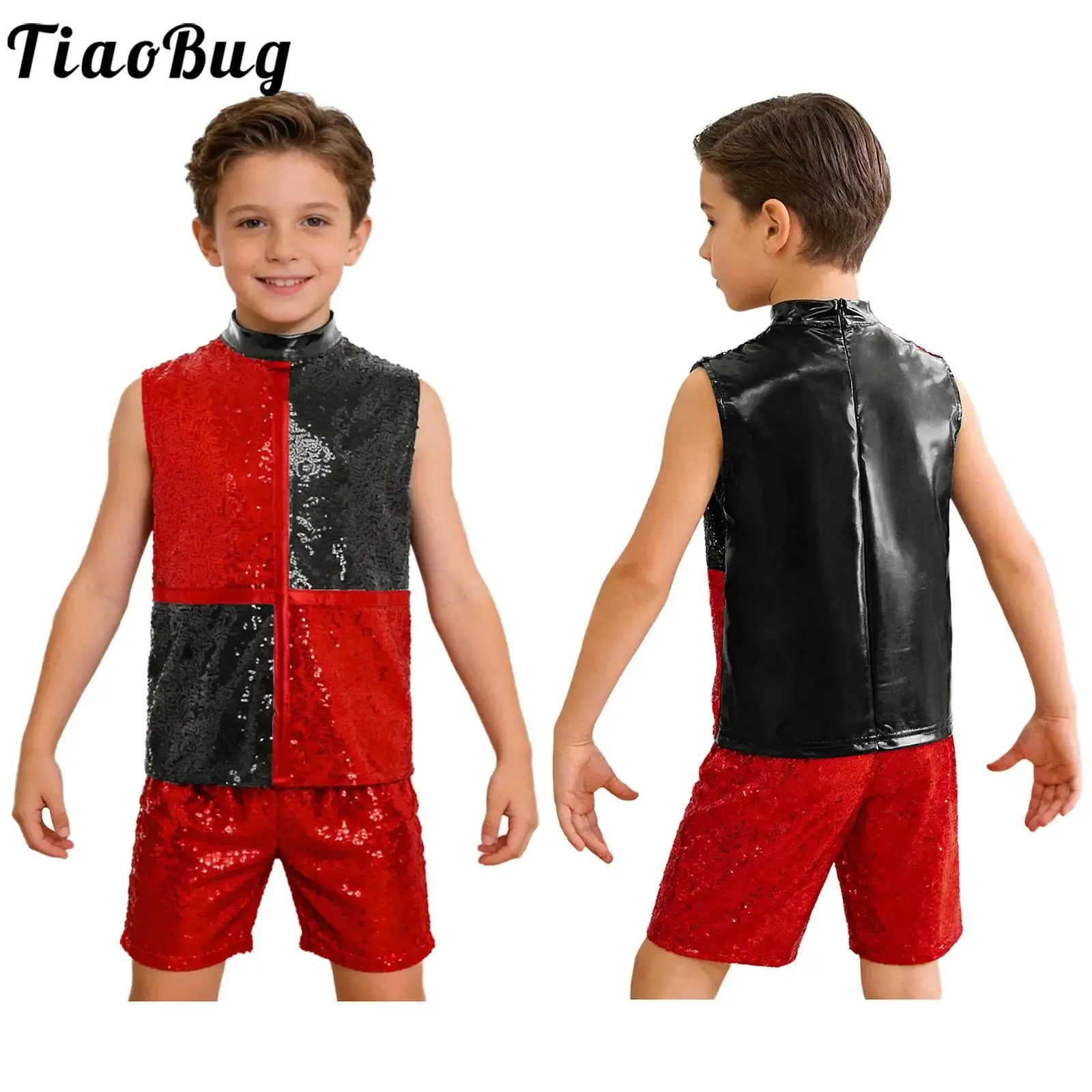 キッズボーイズジャズダンスパフォーマンス衣装タンゴモダンストリートダンス衣装ノースリーブ光沢のあるスパンコールカラーブロックトップとショートパンツ