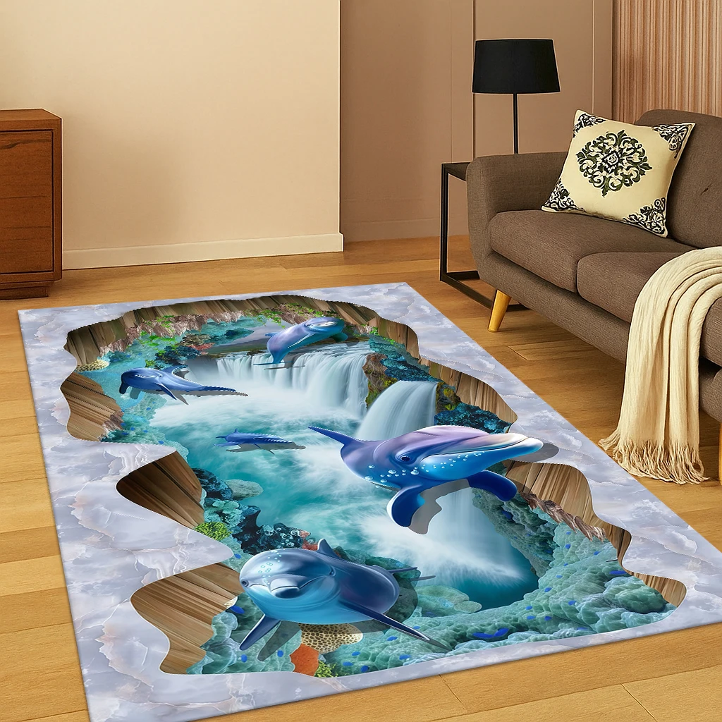 

3D Waterfall Dolphin Print Area Rug Non-slip Floor Mat Ocean Illusion Carpet for Living Room Bedroom Home Decor