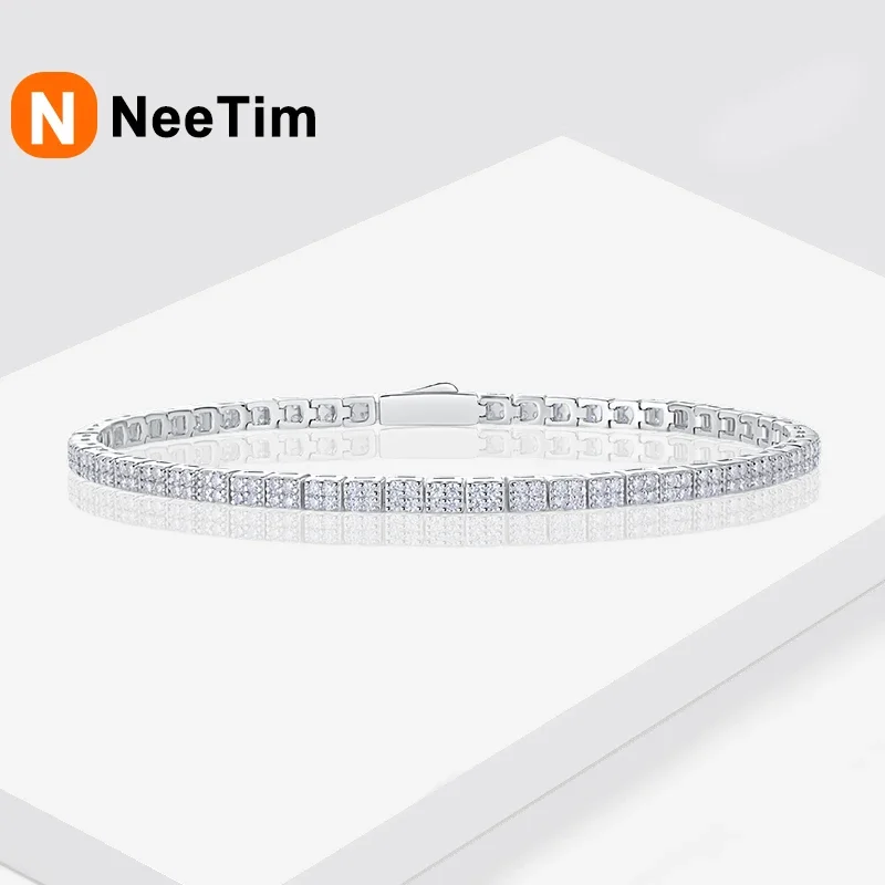 NeeTim Full Moissanite Tennis Bracelet s925 Silver with 18k white Gold Plated GRA Certificates Wedding Bracelets for Women Man