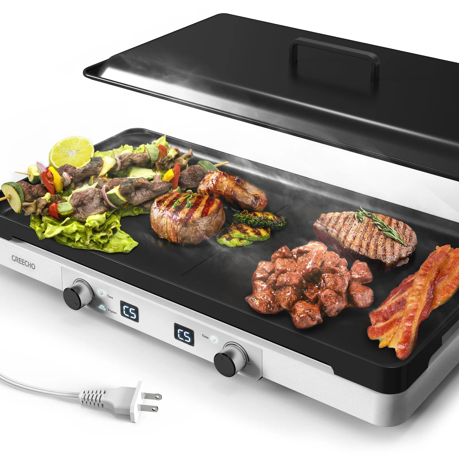 

Electric Griddle, 5 Gear Heating Electric Grill Indoor with Removable Griddle Pan, Independent Control Double Heating Ba