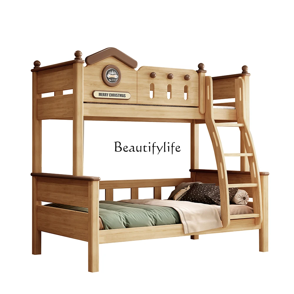 

Small apartment creative high and low bed full solid wood bunk bed wooden student bunk