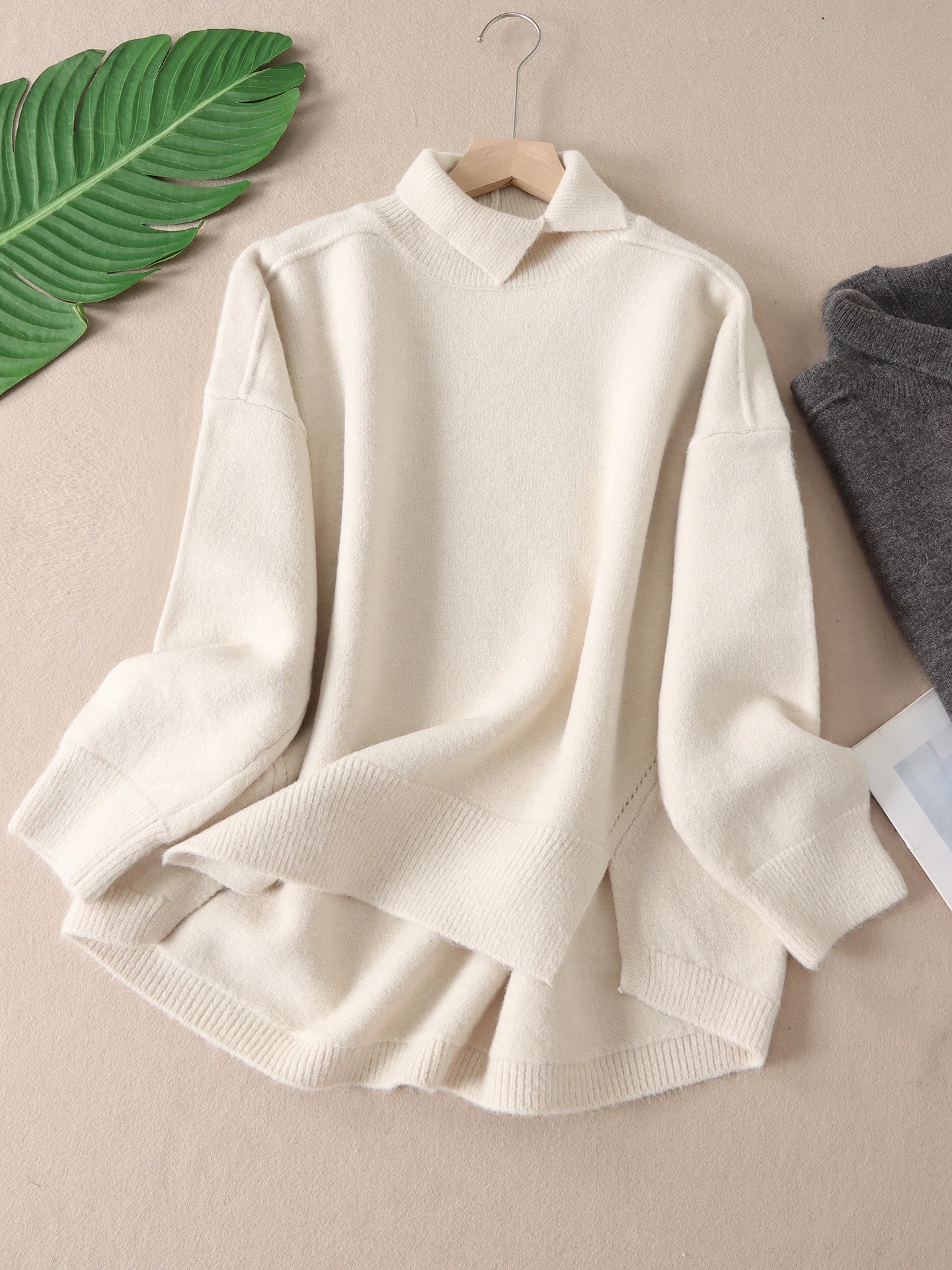 

Loose Long Sve Knitted Sweater Women's Winter Thiened Flap Collar Casual Sle Warm Cozy Mid-Length Knitwear