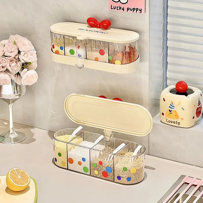 Cute Bow 4 Grids Spice Storage Box 2026 Transparent Seasoning Container with Handle Creative Kitchen Condiment Organizer