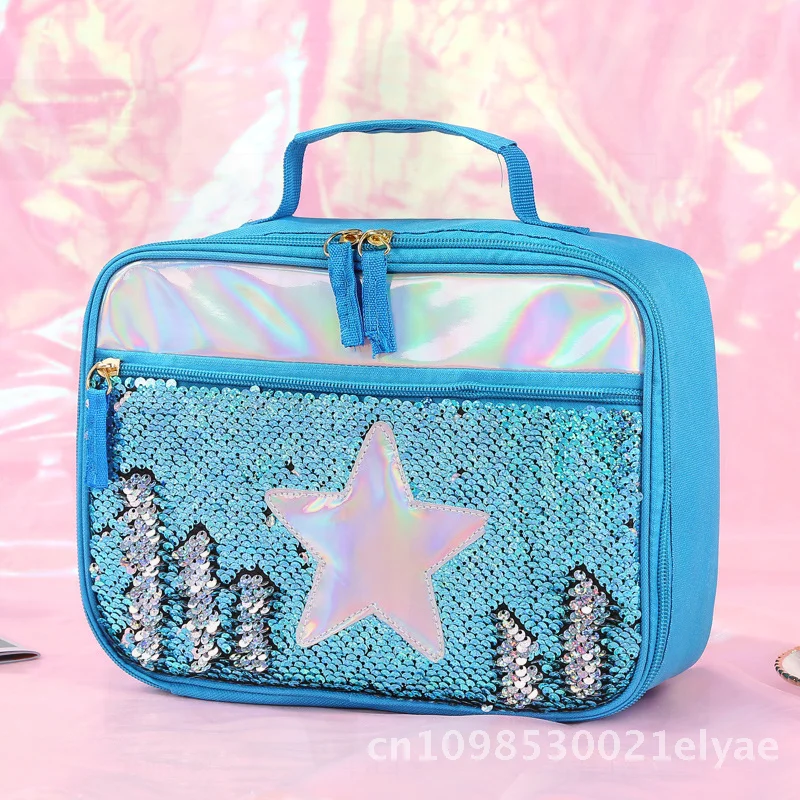 

Изолированная сумка для обеда с блестками для детей, портативная сумка для еды из полиэстера с шаром алюминиевой фольги, сохраняющие свежесть студенческих принадлежностей