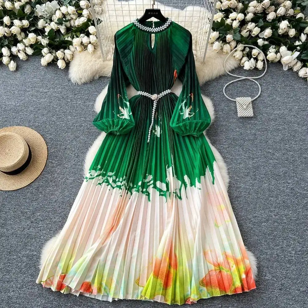 ヴィンテージ風エレガントプリーツ透かしプリントOネックランタン袖Aラインワンピース 春秋ファッション レディースドレス