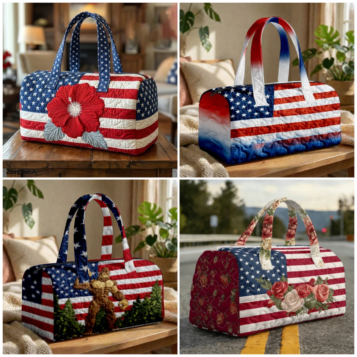 

American Flag Quilted Duffle Bag Vintage USA Flag Floral Print Travel Tote HandBag Men Women Outdoor Weekender Bags