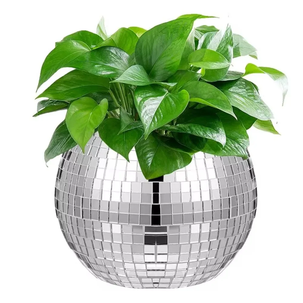 Creative Disco Ball Flower Pot Silver Mirror Glass Round Disco Ball Plant Holder Home Decoration Plant Planting Pot Home