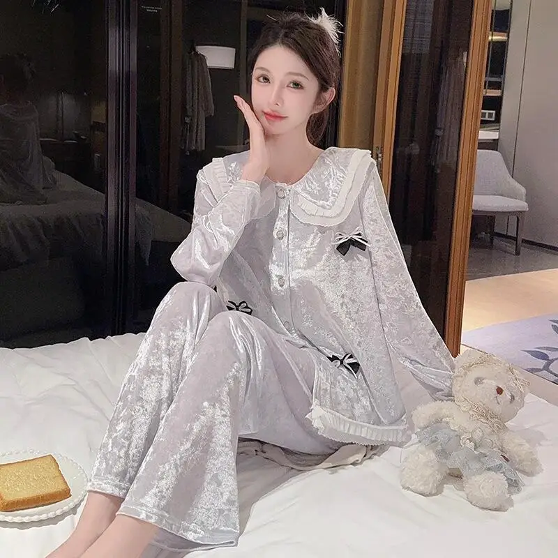 ホットな新作レディース肌に優しい快適なパジャマ2025キュートなドールカラー秋冬高級ファッションホームファニッシングセットギフト