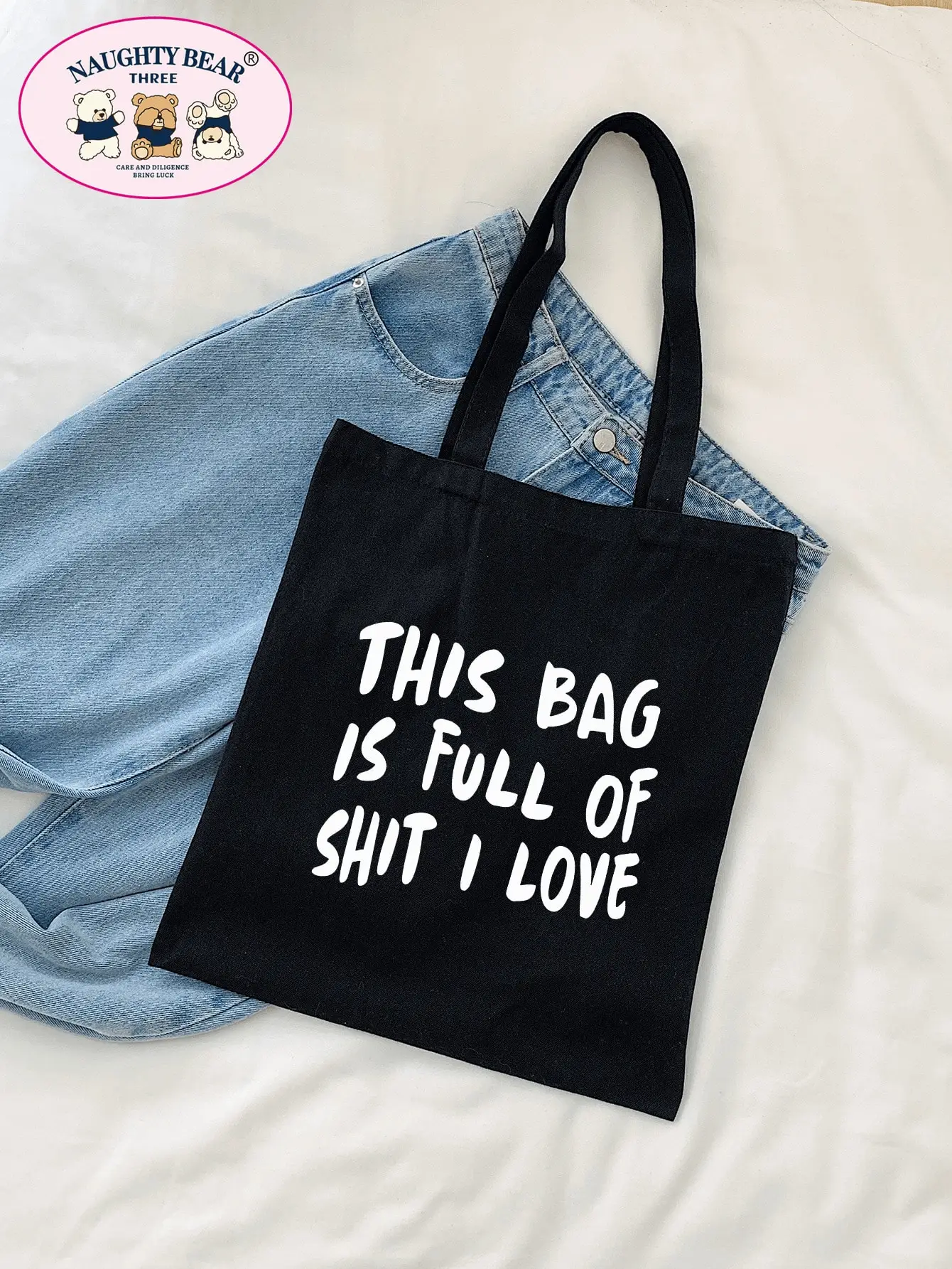 

Черная холщовая сумка-тоут с ярким белым принтом-надписью, легкая многоразовая сумка для покупок и путешествий