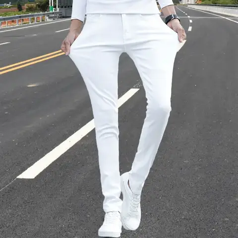शुद्ध सफेद स्लिम फिट पुरुषों की जींस इलास्टिक सीधे पैर लंबे पतलून फैशनेबल कोरियाई शैली वसंत ग्रीष्मकालीन डेनिम पैंट 8 best sales पुरुषों की जींस - №8