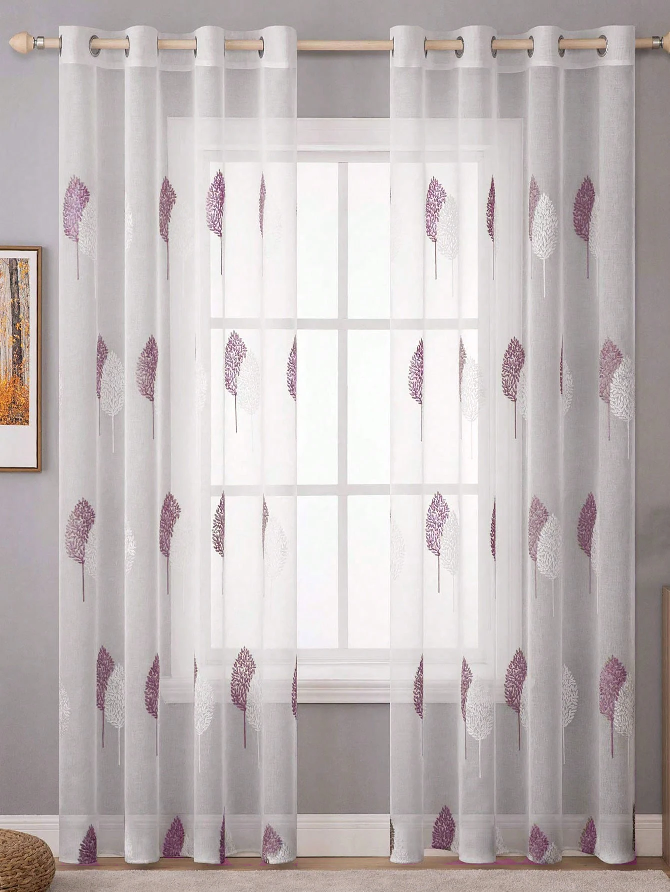 Lila Moderne Nordische Ösenvorhänge mit Bestickten Baummustern, Bodenlange Gardinen für Elegante Wohnraumdekoration