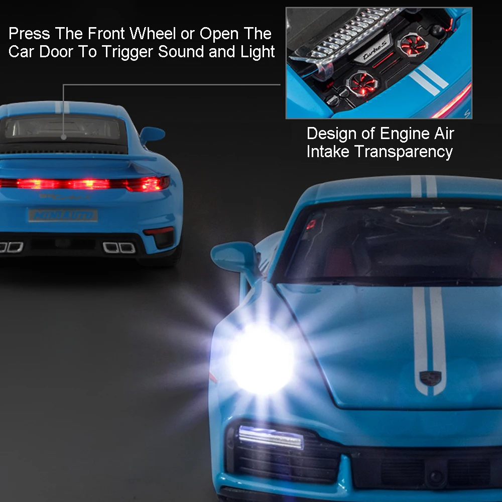 1:32 Scale 911 Turbo S Sports Car Model Toys Alloy Diecast Miniature Supercars Sound Light Doors Opened Pull Back for Kids Gifts